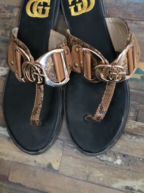 Women’s Brown Leather T-Strap Sandals with Gold Accent